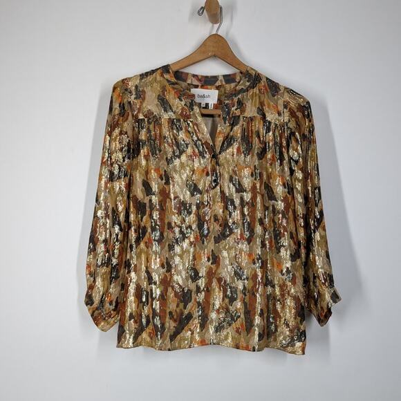 BA&SH Gaby Metallic Blouse Silk Ochre Gold Abstract Print 3/4 Sleeve Size XS - Picture 4 of 12